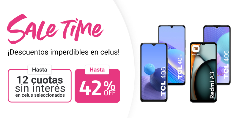 Descuentos imperdibles en celus. Hasta 41 porciento de descuento. Hasta 12 cuotas sin interés en celus seleccionados. Podés pagar con 2 tarjetas