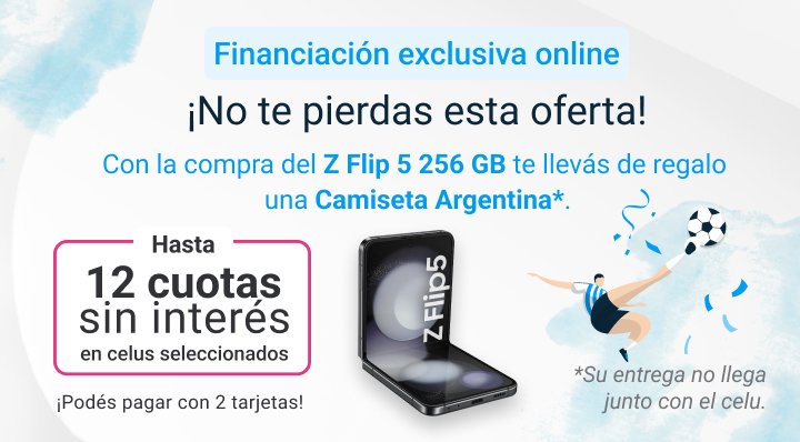 No te pierdas esta oferta. Con la compra del Z Flip 5 256 GB te llevás de regalo una Camiseta Argentina. Hasta 12 cuotas sin interés en celus seleccionados.