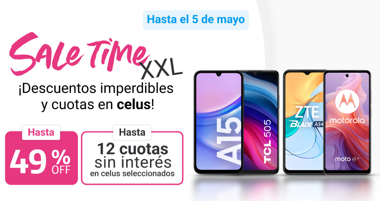 Aprovchá Sale Time XXL con descuentos hasta un 49% y Hasta 12 cuotas sin interés con tarjetas seleccionadas.