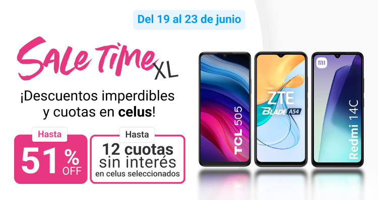 Aprovechá Sale Time XL y llevate el celu que tanto querés en hasta 51% de descuento y en hasta 12 cuotas sin interés.