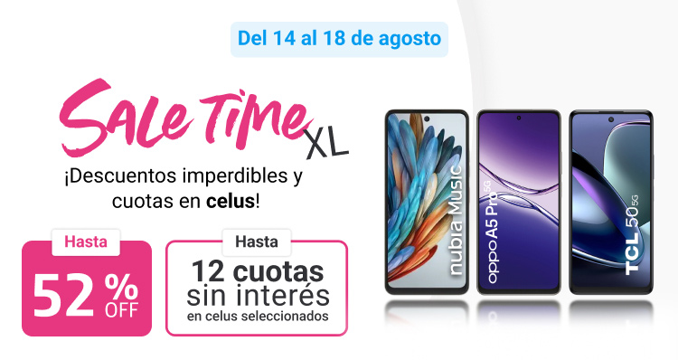 Aprovechá sale time XL y llevate un celu nuevo con hasta 52% de descuento y hasta 12 cuotas sin interés.