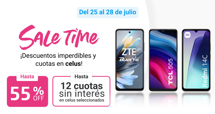 Aprovechá Sale Time y llevate un celu nuevo con hasta 55% de descuento y hasta 12 cuotas sin interes.
