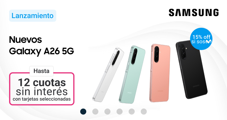 Comprá tu nuevo Samsung Galaxy A26 5G en hasta 12 cuotas sin interés y si sos Movistar tenés un 15% de descuento.