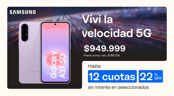 Viv&iacute; la experiencia 5G. Llev&aacute; el Samsung A37 con un 22 porciento de descuento y en hasta 12 cuotas sin inter&eacute;s.