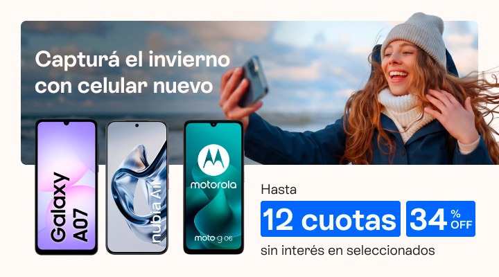 Captur&aacute; el invierno 
con celu nuevo. Hasta 34 porciento de descuento. Llevalo en hasta 12 cuotas en tu factura