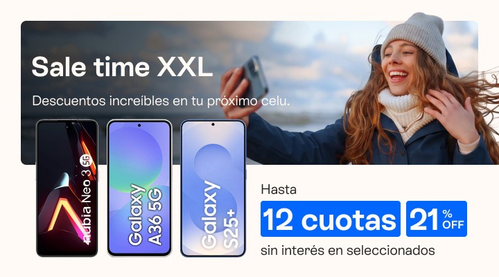 Sale Time XXL, descuentos increibles en tu pr&oacute;ximo celu, hasta 35 porciento de descuento y hasta 12 cuotas sin inter&eacute;s en seleccionados 