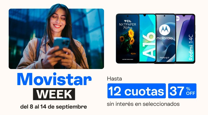 Movistar week. Lleva tu celu con hasta 37 porciento de descuento y en hasta 12 cuotas sin inter&eacute;s