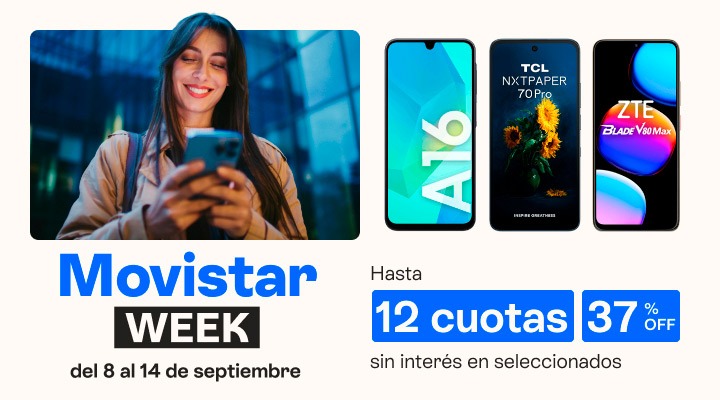 Movistar week. Lleva tu celu con hasta 37 porciento de descuento y en hasta 12 cuotas sin inter&eacute;s