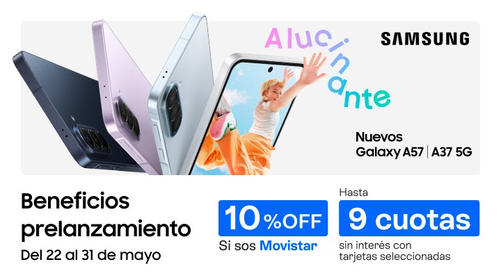 Samsung Galaxy Serie A. Beneficio prelanzamiento. hasta 9 cuotas sin interés y 10% de descuento si sos Movistar