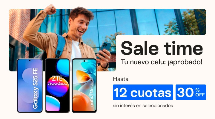 Sale time. Tu nuevo celu, &iexcl;aprobado! Hasta 30 porciento de descuento y hasta 12 cuotas sin inter&eacute;s