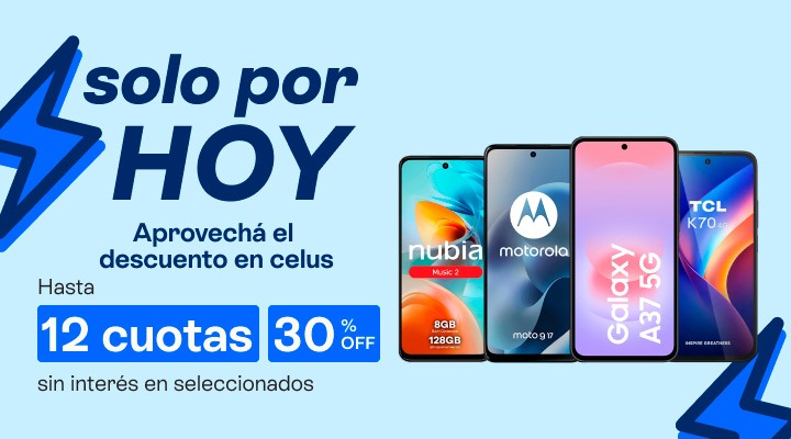 Solo por hoy. Aprovech&aacute; el descuento en celus. Hasta 25 porciento de descuento. Llevalo en hasta 12 cuotas en tu factura