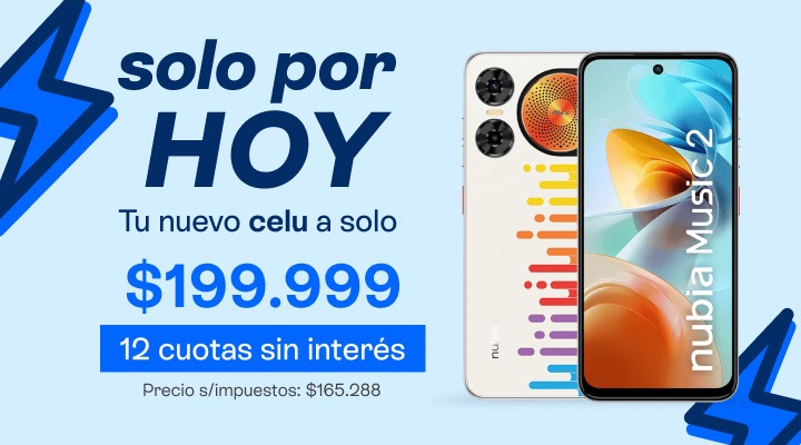 &iexcl;Solo por hoy! Tu nuevo Nubia Music 2 a 199.999 pesos y hasta 12 cuotas sin inter&eacute;s.